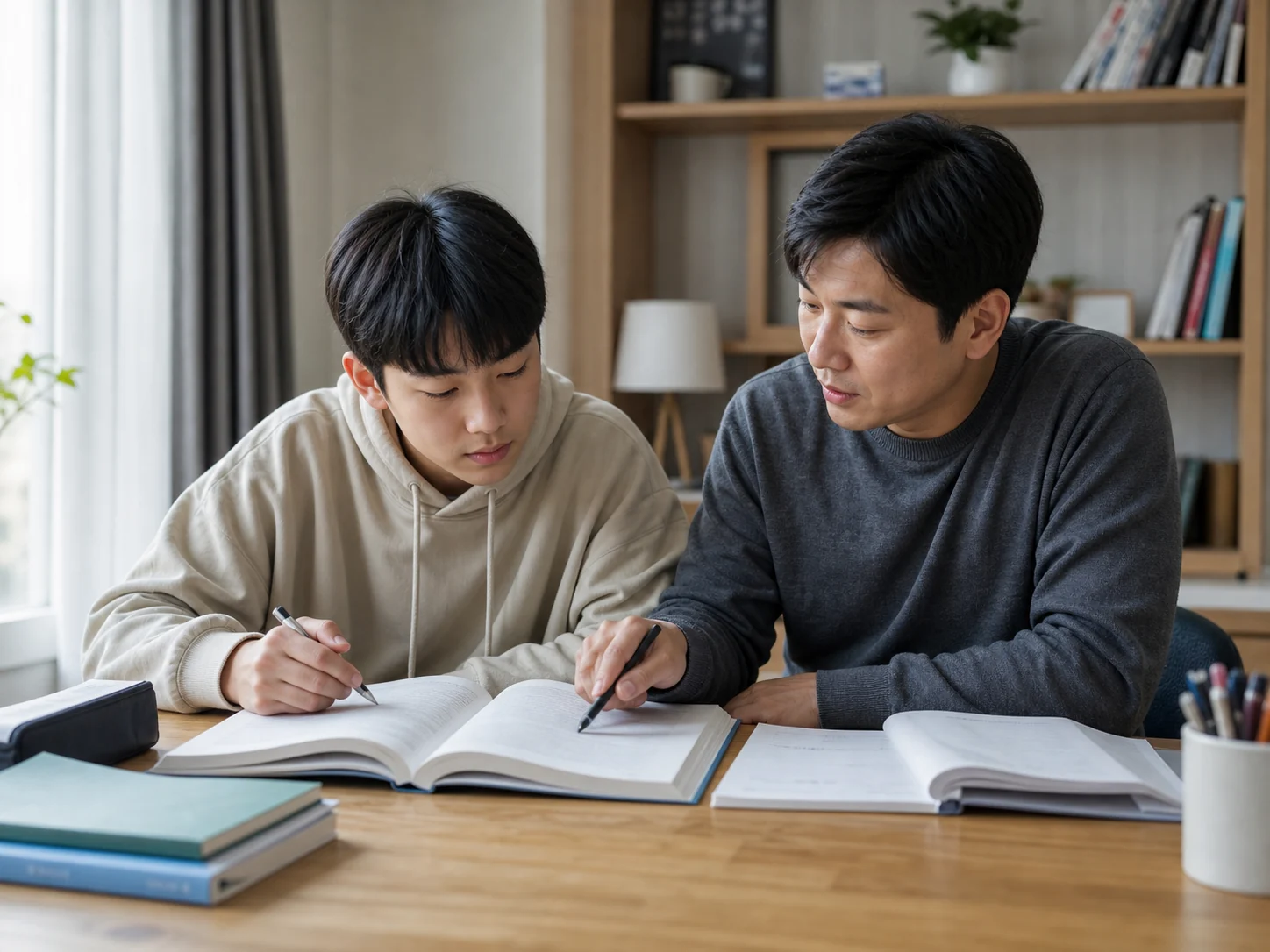 중학생 과외 학습 내용을 교사와 학생이 확인하는 모습