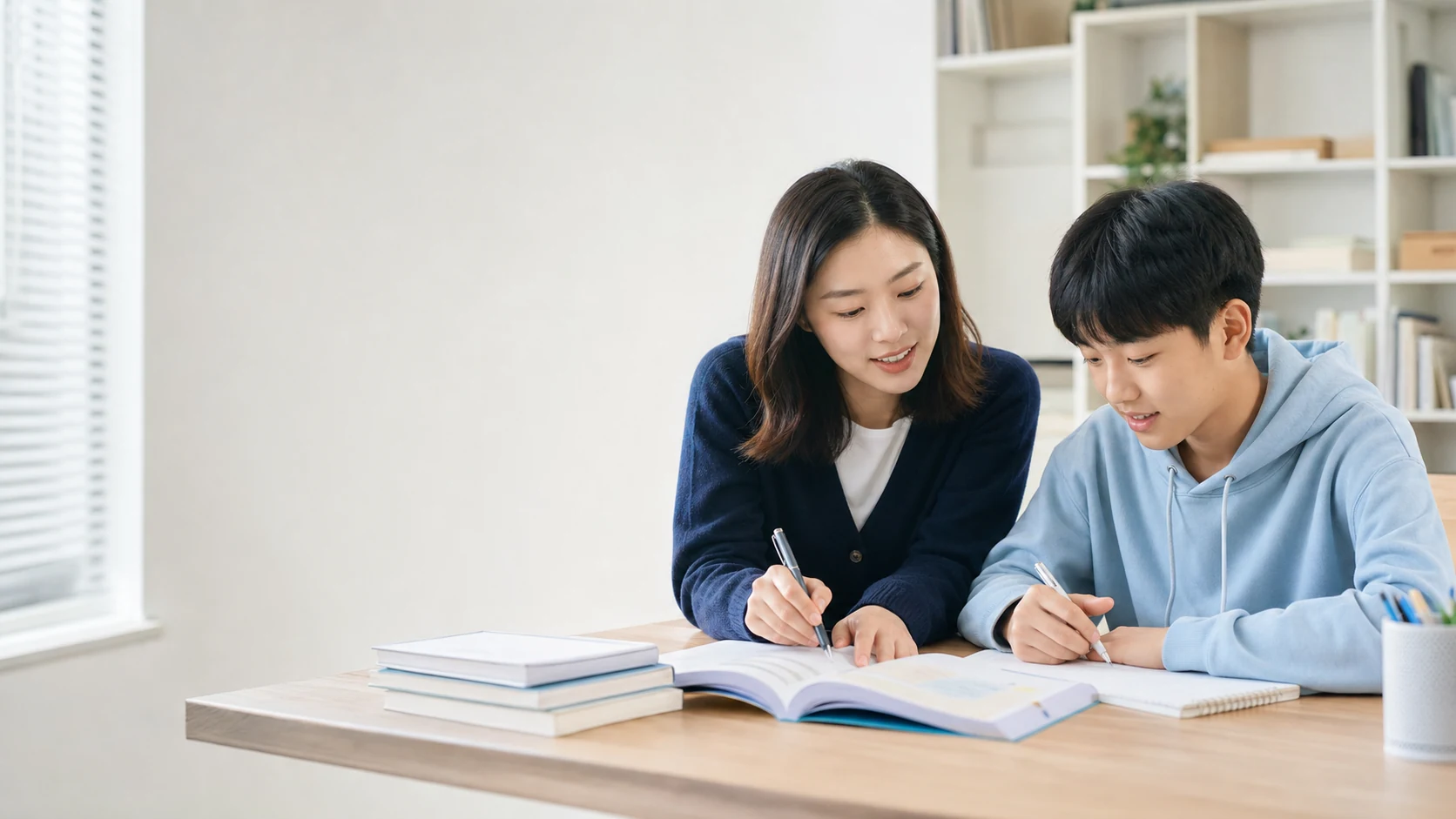 교사와 학생이 영어와 수학 학습 계획을 확인하는 모습
