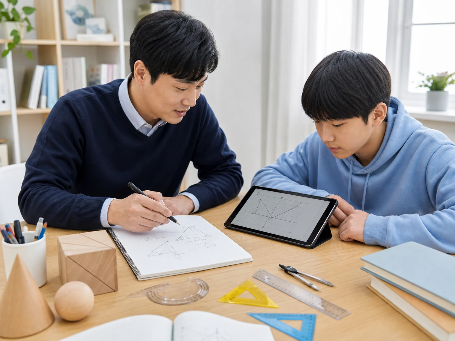 수학과외 학습 내용을 교사와 학생이 확인하는 모습